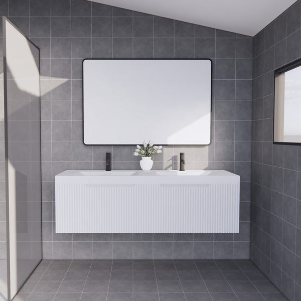 1500mm fluted wall hung vanity in matte white. Spacious double bowl design with multiple top options. Modern, functional and stylish.-Vanity-Cabinet Only-Ezymall AU
