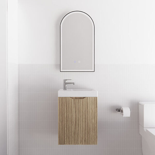 Shop 450mm wall hung vanity in American Oak with fluted design and polymarble top. Compact, stylish and ideal for modern bathrooms.-Vanity-Ezymall AU
