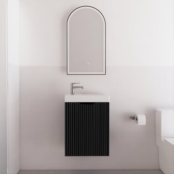 Shop 450mm wall hung vanity in matte black with fluted design and polymarble top. Compact, stylish and ideal for modern bathrooms.-Vanity-Ezymall AU