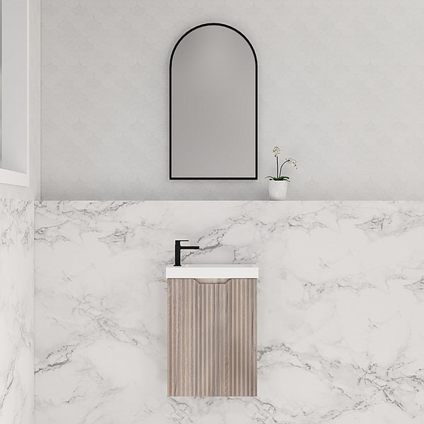 Shop 450mm wall hung vanity in white oak with fluted design and polymarble top. Compact, stylish and ideal for modern bathrooms.-Vanity-Ezymall AU