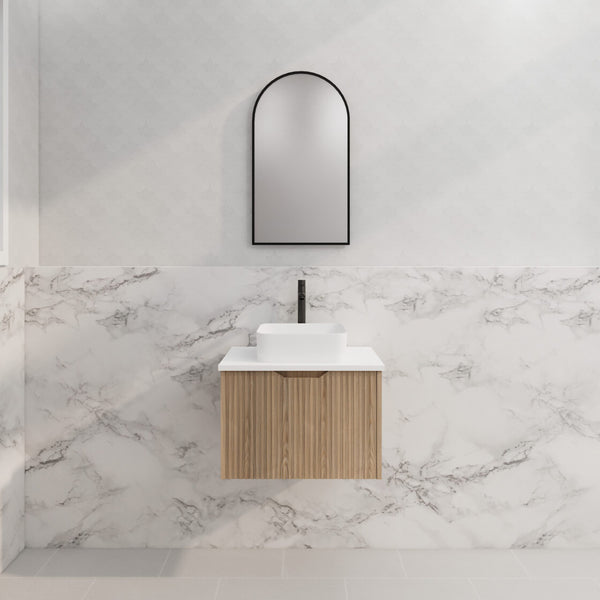 Modern 600mm fluted wall hung vanity in American oak. Available with multiple top options. Stylish, space-saving and designed for everyday use.-Vanity-Cabinet Only-Ezymall AU