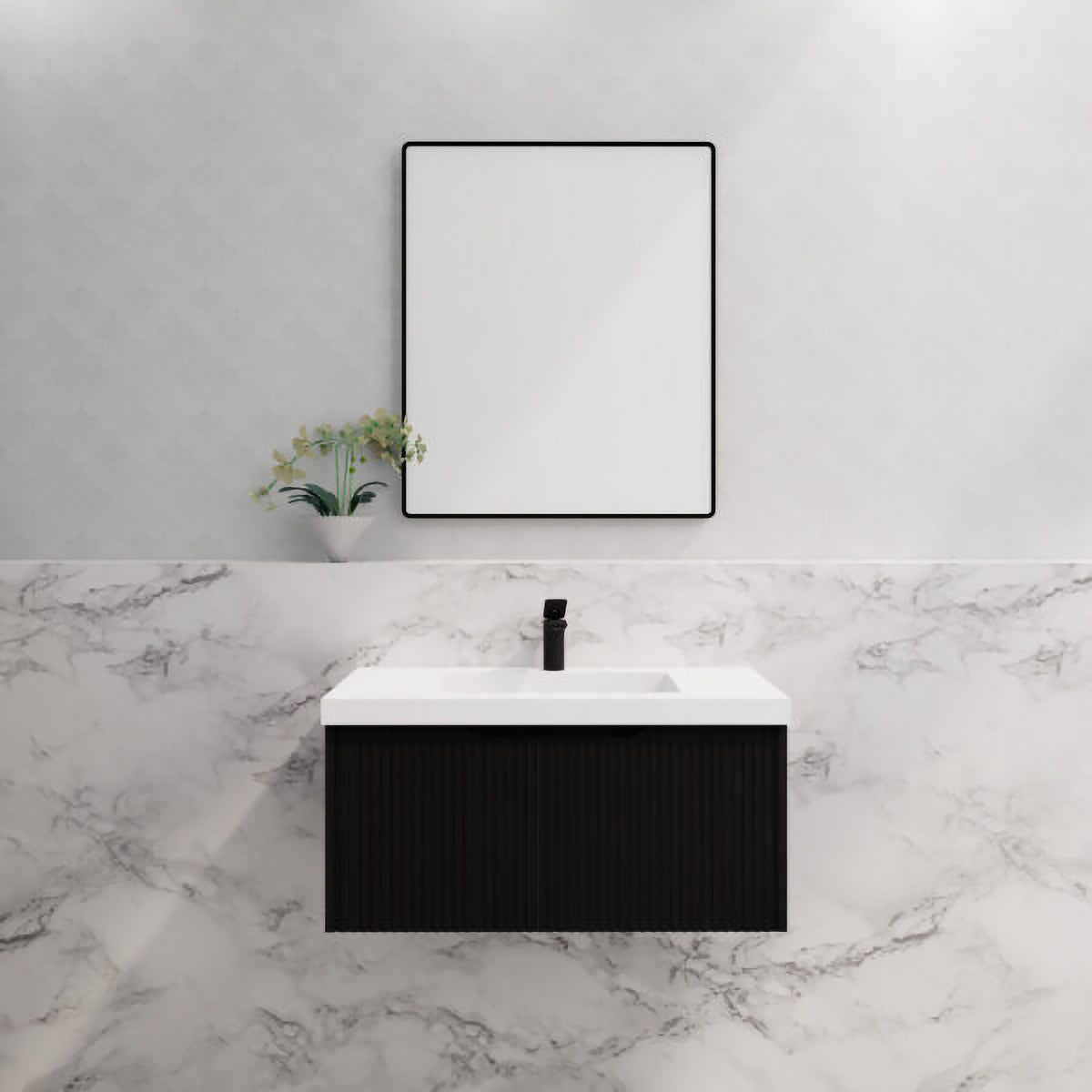 Vienna 900mm Wall Hung Fluted Vanity Cabinet – Matte Black – cabinet only